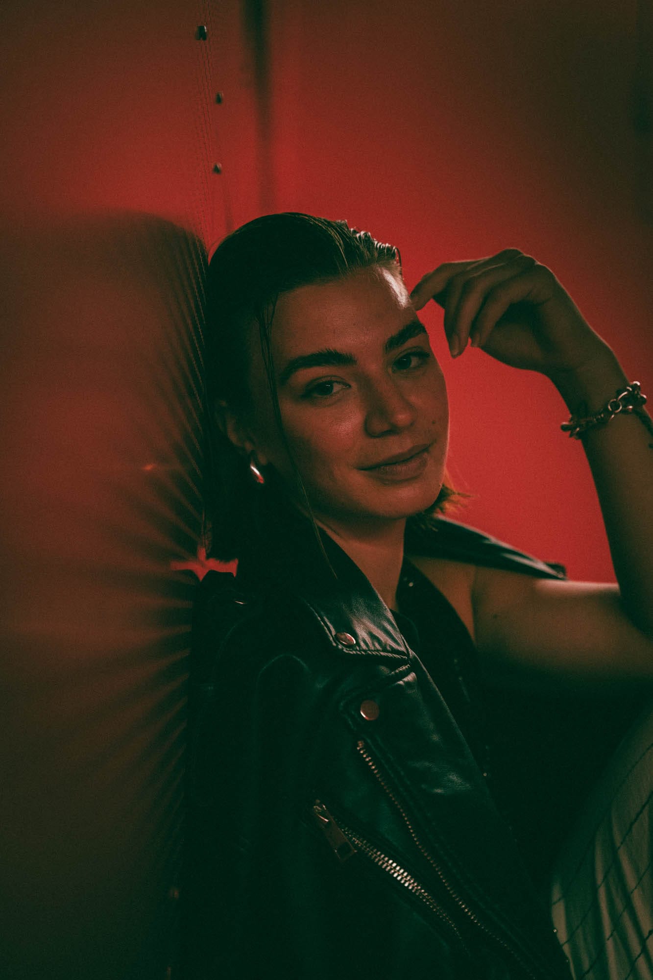 Portrait with bold red architectural elements